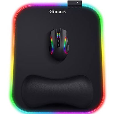 Gimars RGB Gaming Muismat met Polssteun, 30.5 x 25.4 cm Ergonomische Mousepad met 10 LED Lichtmodi, Extra Grote Mouse Pad met Hand Ondersteuning Antislip Rubberen Basis, Lycra-stof voor Laptop, PC