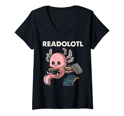 Womens Readolotl Axolotl Reading Book Amphibian Literature Reader V-Neck T-Shirt