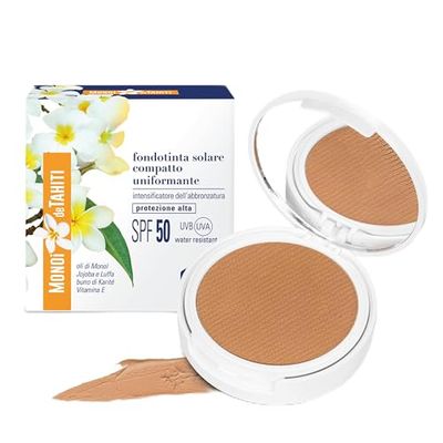 Helan Monoï de Tahiti - Fondotinta Compatto Intensifica Abbronzatura, Fondotinta Coprente con Protezione Solare 50+ Viso con Vitamina E Burro di Karitè Olio di Jojoba, Skincare Make Up Viso 2in1, 8 ml