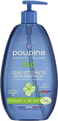 POUPINA - Baby Cleansing Water anti-irritation, Organic, 99% Natural, Fragrance Free, Hypoallergenic - Witch Hazel and Aloe Vera - Vegan, Made in France, 485 mL