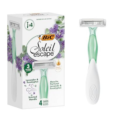 BIC Soleil Escape 3-Lame Lavanda & Eucalipto Rasoi da Donna con Banda Idratante all’Olio di Mandorla - Confezione da 4
