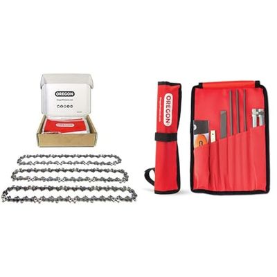 Oregon - Lot de 3 Chaînes de Tronçonneuse pour Guide-Chaîne de 14" (35 cm) & Kit d'Affûtage Universel Portable pour Tronçonneuse, Limes Rondes 5/32" (4 millimètres) / 3/16" (4,8 mm) / 7/32" (5,5 mm)