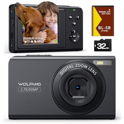 WOLFANG Fotocamera digitale, fotocamera per bambini da 2,7K, fotocamera compatta da 50MP, videocamera con zoom digitale 16x, zoom e scatto automatico, regalo per ragazzi