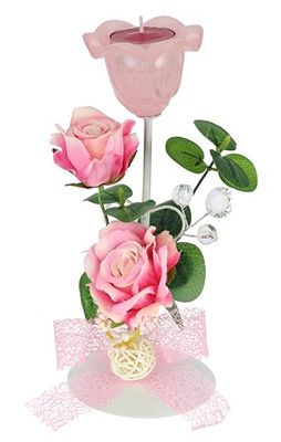 Photophore en métal avec Verre et Bougie Chauffe-Plat avec Roses et Eucalyptus - Décoration de Table - Photophore en Verre - Décoration Romantique - Décoration de Mariage - Roses