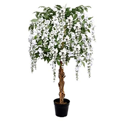 Premium kunstmatige witte blauweregen boom | Levensechte UV-beschermde potplant | Onderhoudsvrij | Indoor & Outdoor Decor (4ft/130cm)