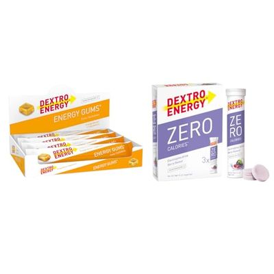 Dextro Energy I Energy Gums Cola + Caffeine I Pocket Size Energy on the Go For active lifestyle+ Dextro Energy Zero Calories I Recovery and Hydration Electrolyte Drink I Zero Effervescent Tablets