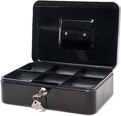 MAUL caja fuerte de acero 25 x 18 x 9 cm | Caja caudales con cerradura | Bandeja extraíble para monedas | Caja con 2 llaves | Caja registradora robusta con asa | Negro