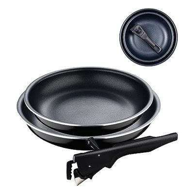 Bergner Black Edition | Juego de Sartenes de 3 Piezas de 22 y 26 cm + Mango Ergonómico Extraíble| Aluminio Prensado y Antiadherente | Para Todo Tipo de Cocinas y Horno