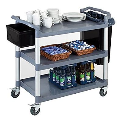 APS Serving/transport trolley Aluminium frame, 3 shelves, distance per shelf 31 cm, 4 swivel castors, all with brakes, load capacity approx. 150 kg per shelf, 450 kg total, dismantled, easy assembly