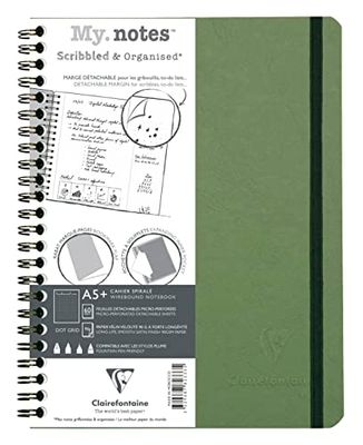 Clairefontaine 782333C Collection Age Bag My.Notes Green Spiral Notebook with Detachable Margins - A5+ 16x21 cm - 120 Detachable Pages DOT - White Paper 90 g - Lustrous Card Cover Leather Grain