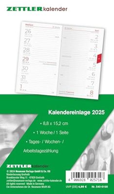 Inserto di ricambio per calendario 2025 – per agenda tascabile tipo 540 – 8,8 x 15,2 cm – 1 settimana su 1 pagina – taccuino separato – pieghevole – taccuino – 520 – 6198