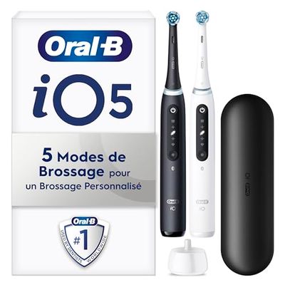 Oral-B iO 5 Brosses A Dents Electriques Noire Et Blanche, Lot De 2, 5 Modes De Nettoyage Avec Blancheur, Doux Pour Gencives, Conseils De Brossage, Brossette Oral B De Rechange, Chargeur, Etui