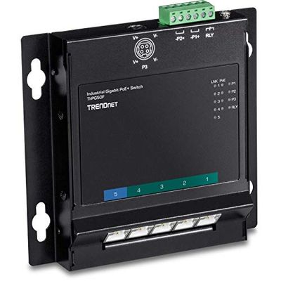 TRENDnet 5-port industriell gigabit Poe+ väggmonterad frontåtkomstomkopplare, 5 x Gigabit PoE+ portar, DIN-skena, 48–57 V DC-strömingång, IP30, 120 W PoE-budget, TI-PG50F