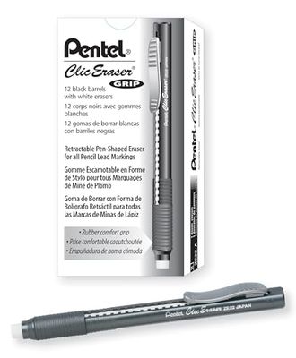 Pentel ZE22A, Clic Eraser Grip, Retractable Eraser, Black Barrel, Box of 12