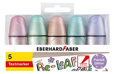 Eberhard Faber 551409 – minitextmärkpenna med kilspets, 5 highlighter i pastellfärger med glittereffekt, lysande märkpennor för skola, universitet, kontor och fritid, för markering, markering och