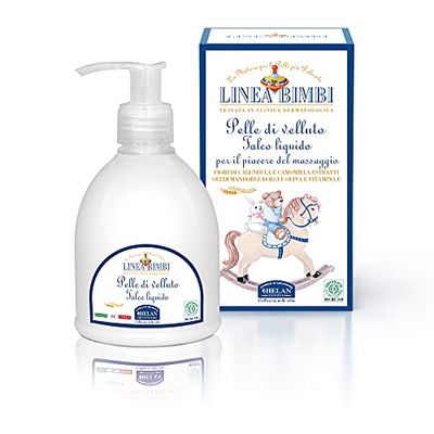 Helan, Linea Bimbi, Talc Liquide Velouté, Talc Bebe et Enfant avec Calendule et Vitamine E pour Massage - Liniment Bebe et Creme Hydratante Corps avec Amande Douce et Olive, 240 ml - Made in Italy