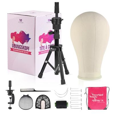 Neverland Beauty & Health 22 Inch Wig Head Stand Tripod, with Canvas Wig Head, Mannequin Head for Wigs, Manikin Canvas Head Block Set for Making Display with T Pins Set Bristle Brush