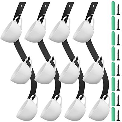 4 Pack Wall Mounted Coffee Mug Rack With 12 Hooks - S Curve Metal Cup Holder for Bar, Kitchen, Corner Station Decor Display