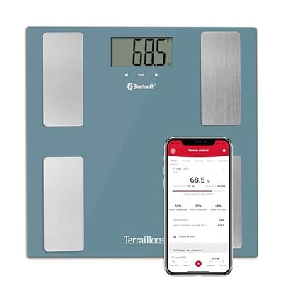 TERRAILLON - Smart Connect - Bilancia connessa - Impedenziometro - Bluetooth low energy - Indice di massa corporea (BMI) - 8 utenti - Portata 160 Kg