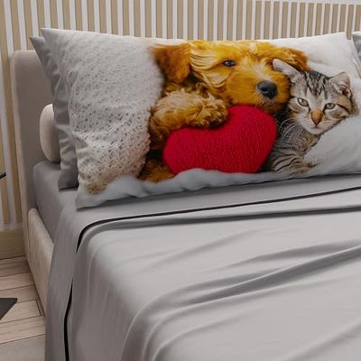 PETTI Artigiani Italiani - Sábanas de Animales con Gatos y Perros de algodón con Fundas de Almohada de impresión Digital, sábanas para Cama Individual, Juego de Cama Individual Gris Claro, 100% Made