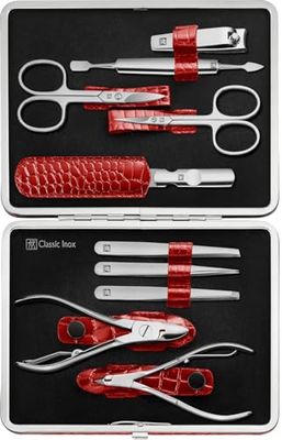 ZWILLING Manicure Set (10 Pieces, Complete Set for Fingernails and Toenails, Real Leather Case with Metal Frame), Polished Stainless Steel, Crocodile Edition, Red
