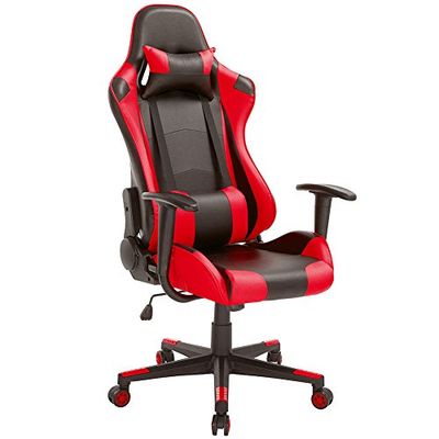 BAKAJI Gamingstoel, bureau, kantoor, thuis, van kunstleer, verstelbare rugleuning, hoofdsteun, 360 graden, draaibaar, in hoogte verstelbaar, 5 wielen, rood