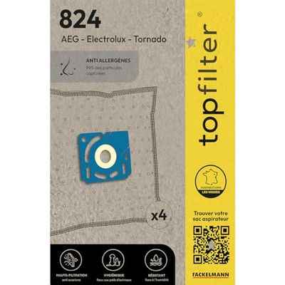TopFilter 64824 Electrolux and Tornado Vacuum Cleaner Bags, Vacuum Bag, Vacuum Pouch, Vacuum Accessory, Non-woven Polypropylene, Plastic, 30 x 26 cm x 0.1 cm, Set of 4
