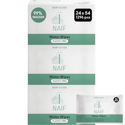 Naïf chusteczki nawilżane bez plastiku 1296 sztuk (24 x 54 chusteczki nawilżane) - pielęgnacja tyłka, ciała i twarzy dziecka - 99% woda - 0% perfumy i alkohol
