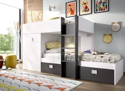 Dmora - Composition de la Chambre à Coucher Cevedale, Chambre complète, Composition de Lits superposés avec Deux Lits Simples, 271x111h150 cm, Blanc et Anthracite