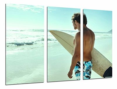 Tableau Moderne Photographique, Impression sur bois, Homme dans la mer, planche de surf, sport, 97 x 62 cm, ref. 26692