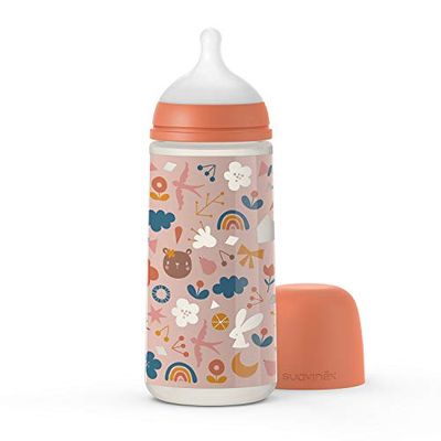 Suavinex, Fles met symmetrische speen SX Pro. Ultradunne siliconen, ultrazacht, fles met anti-koliek ventiel, 360 ml fles, dichte stroom, bosroze