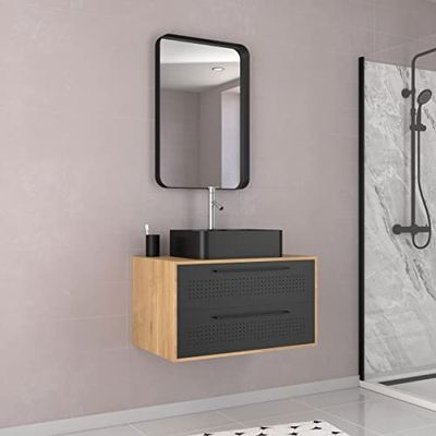 AURLANE Meuble Salle de Bains 80 cm, Vasque Rectangulaire et Miroir - Chêne Naturel et Noir Mat - UBY