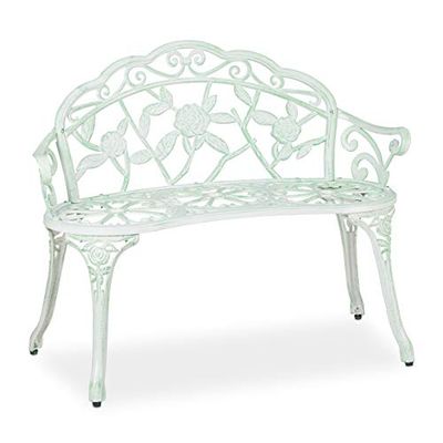 Relaxdays tuinbank, 2 zits, rozen, terras, balkon, aluminium & gietijzer, antieke buitenbank, 78x98x55,5 cm, wit/groen
