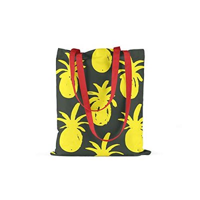 Bonamaison Printed Tote Bag, Reusable Grocery Bag, Shopping Bag, Machine Washable, Foldable, Canvas Cloth Bag with Red Handles, Size: 34x40 Cm