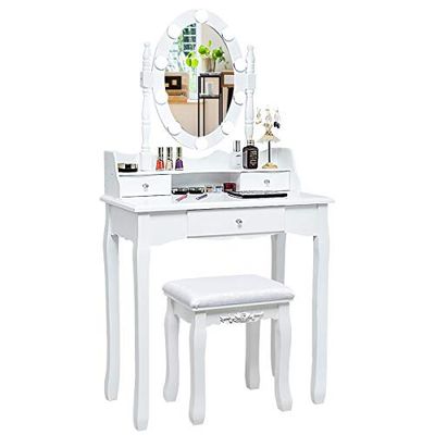 COSTWAY Make-uptafel met ledverlichting, instelbare helderheid, kaptafel met 3 laden, kruk en 360° draaibare spiegel, make-uptafel voor slaapkamer (wit)