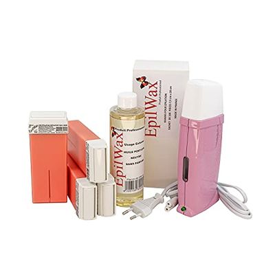 EpilWax Royal Depilatory Kit completo di: Scaldacera professionale, 4 Roll-On di cera da 100 ml di Rosa 100 strisce depilatorie, 1 flacone di olio dopocera da 250 ml - (Royal Rosa Series 4)