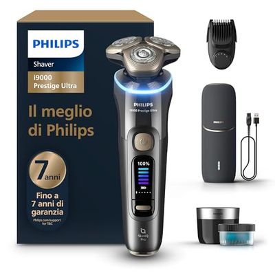 Philips Shaver i9000 Prestige Ultra, rasoio elettrico Wet & Dry, tecnologia Skin IQ Pro, triplo sistema di sollevamento e taglio, lame di precisione NanoTech 360º, 5 modalità di rasatura, XP9402/46