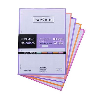 UNIPAPEL 53392398 Recambio 100 Hojas A4, 5 Bandas Colores Pastel, Cuadrícula 5x5, 90g, Papyrus - Unicolor 5