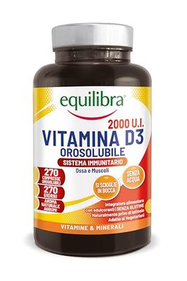 equilibra, Vitamina D3 2000 UI, 270 Compresse, 50 mcg per Compressa, Orosolubile, per il Benessere di Ossa e Muscoli, Supporto al Sistema Immunitario, Vegetariano, Senza Glutine, Senza Lattosio