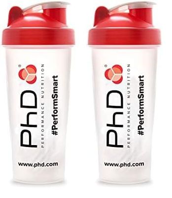 PhD Nutrition Mixball Shaker, Shaker for Protein Shakes, Wire Mixball Whisk, Red Non-Drip Screw Lid, Transparent Colour, 600 ml (Pack of 2)
