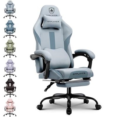 GTPLAYER Gamingstol, spelstol, andningsbar kontorsstol i tyg av hög kvalitet, ergonomisk PC-stol, justerbar och svängbar kontorsstol med fotstöd, Grå