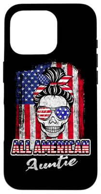 All American Auntie Patriotic Messy Bun Skull USA 4th July Custodia per iPhone 16 Pro