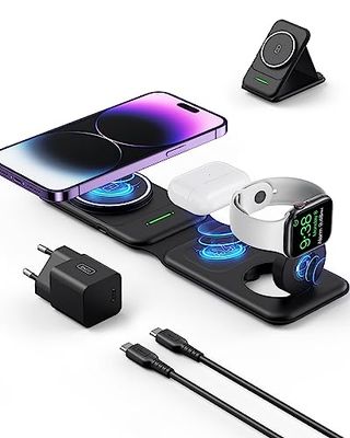 INIU 3-in-1 Draadloze Oplader, 15W draadloze MagSafe-Oplaadstandaard voor iPhone 15 14 13 12 11 Pro Max Mini SE XR X 8, iWatch 7 6 5 4 3, AirPods 3 2 1 pro