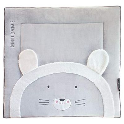 Doudou et Compagnie - Tapis d'Eveil Bébé Lion Gris 100 x 100 cm - Pour Bébé 0-6 Mois - Tapis Rembourré Adapté au Parc - Idée Cadeau de Naissance