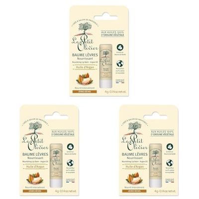 LE PETIT OLIVIER - Baume Lèvres Nourrissant - Huile d'Argan - Nourrit & Assouplit - Lèvres Sèches - Huiles 100% D'Origine Végétale - Fabriqué en France - 4 g (Lot de 3)