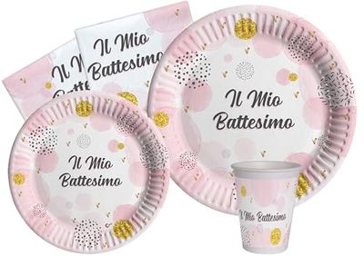 Ciao AZ138 Party Kit Baptism Table 8 people (44 pcs: 8 plates Ø23cm, 8 p Ø18cm, 8 glasses, 20 napkins) eco-friendly, pink Baby, Cups, Made compostable Paper, Solid