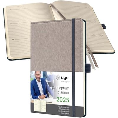 SIGEL C2553 afsprakenplanner weekkalender 2025, lederlook, ca. A5, beige, hardcover, 192 pagina's, elastiek, penlus, archieftas, PEFC-gecertificeerd, Conceptum