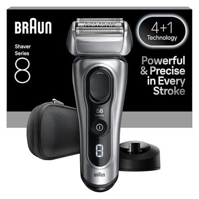 Braun Series 8 Electric Shaver, 4+1 Precision Head & Trimmer, SensoAdapt for Any Beard Density, Up to 60 min, Charging Stand, Wet & Dry Razor for Men, 8617S, Silver