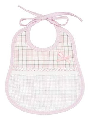 FILET - Oval Bib with Pocket in Aida Fabric to be Embroidered, Made of Cotton Pique with Scottish Print, Ideal Product for Newborn Babies, 100% Made in Italy, Size 24x20 cm, Colour Pink