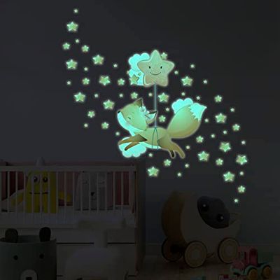 Ambiance Sticker Luminoso Fosforescente - Zorro en las Estrellas - Adhesivo de Pared para Techo Fluorescente para Niños | H30 x L30 cm + 60 Estrellas